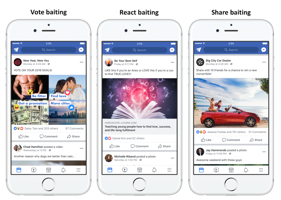 Źródło, Facebook Newsroom, <br>Przykład treści niedozwolonych: https://newsroom.fb.com/news/2017/12/news-feed-fyi-fighting-engagement-bait-on-facebook/