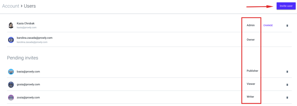Users view, you can see roles and invite new ones