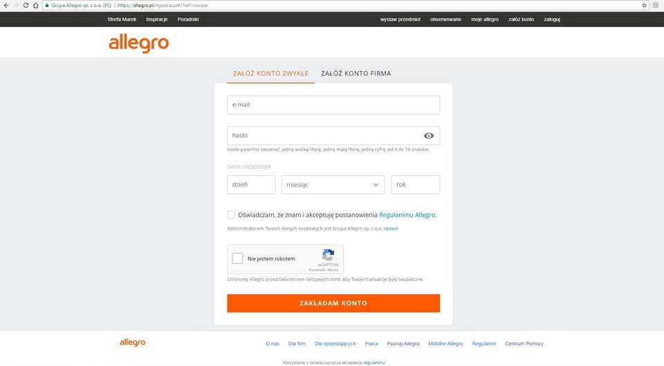W menu głównym strony startowej serwisu www.allegro.pl znajdziemy odnośnik „Załóż konto”.