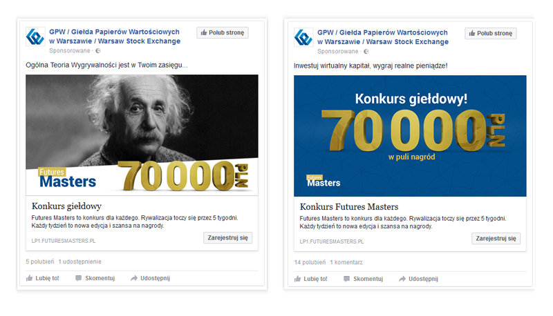 Przykłady reklam na Facebooku. Wykorzystaliśmy dwie linie wizualne do promowania konkursu, oparte na historycznych zdjęciach i oryginalnej grafice.