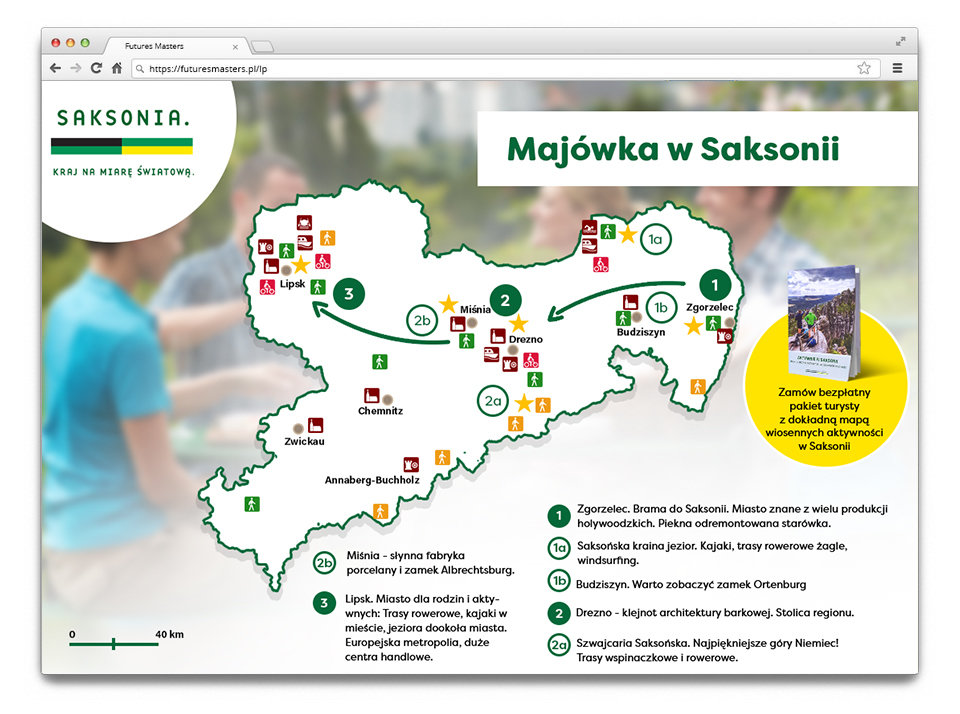 Uproszczona mapa z pomysłami na wyjazd do Saksonii. Prawdziwa mapa - wersja drukowana - z najlepszymi trasami spacerowymi i rowerowymi została uwzględniona w pakiecie.