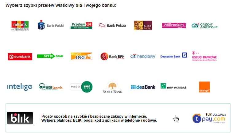 BLIK jest dostępny jako jeden ze sposobów płatności w procesie zakupowym OleOle.pl. BLIK dostarcza Tpay.com