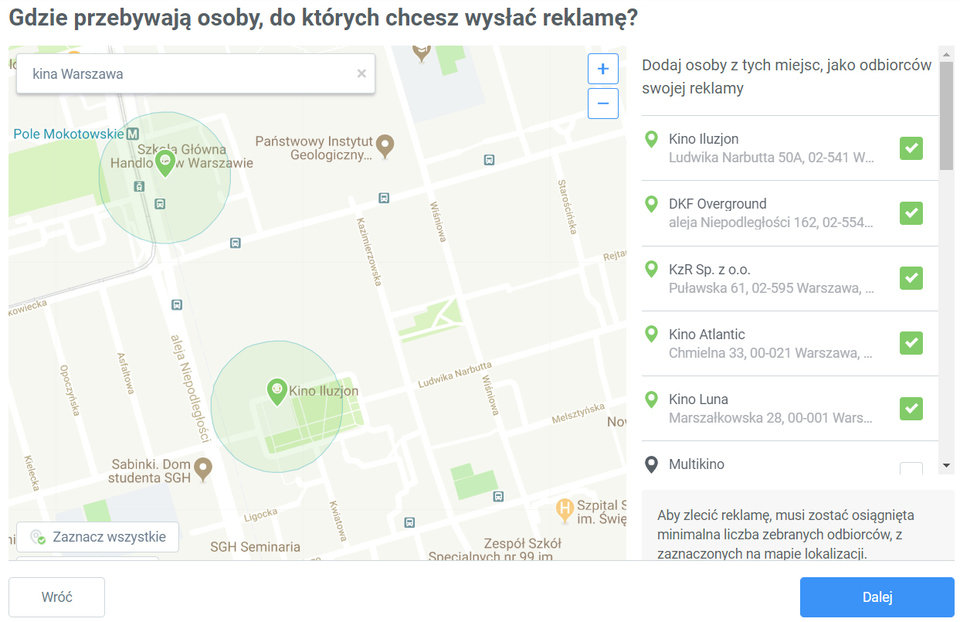 Po wyborze przycisku „Dalej” określisz na pasku wyszukiwania miejsca najbardziej atrakcyjne z perspektywy Twoich klientów – w przypadku sklepu z filmami DVD mogą to być kina studyjne